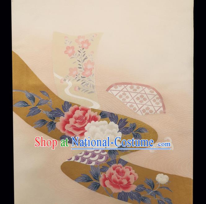 Asian Traditional Silk Fabric Japanese Kimono Cloth Drapery Japan Classical Peony Pattern Beige Brocade