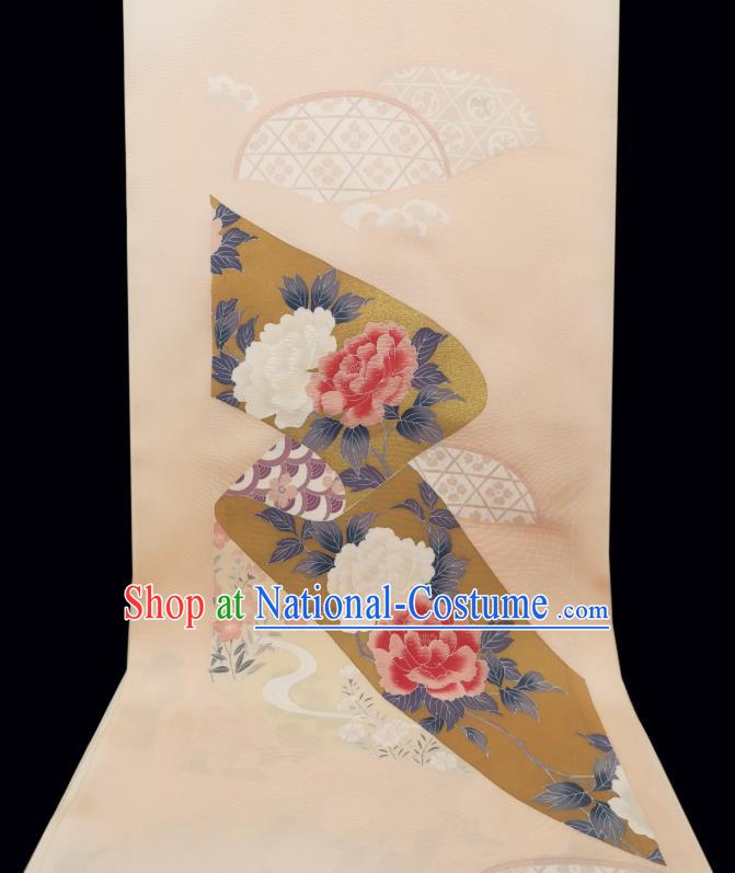 Asian Japanese Kimono Cloth Drapery Japan Classical Peony Pattern Beige Brocade Traditional Silk Fabric