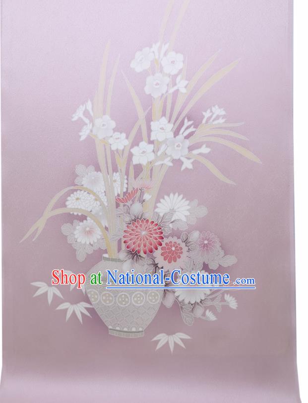 Asian Japanese Kimono Tapestry Drapery Japan Hand Painting Flowers Vase Lilac Brocade Traditional Silk Fabric