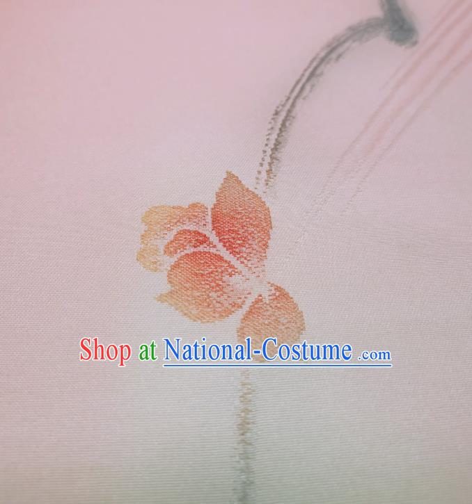 Asian Japanese Yukata Pink Silk Fabric Japan Traditional Kimono Ink Painting Flower Brocade Material