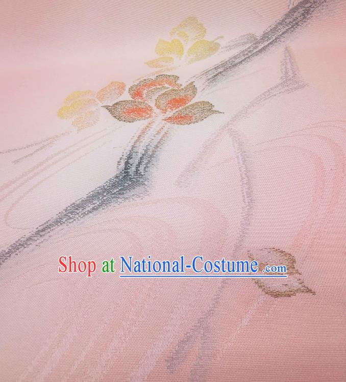 Asian Japanese Yukata Pink Silk Fabric Japan Traditional Kimono Ink Painting Flower Brocade Material