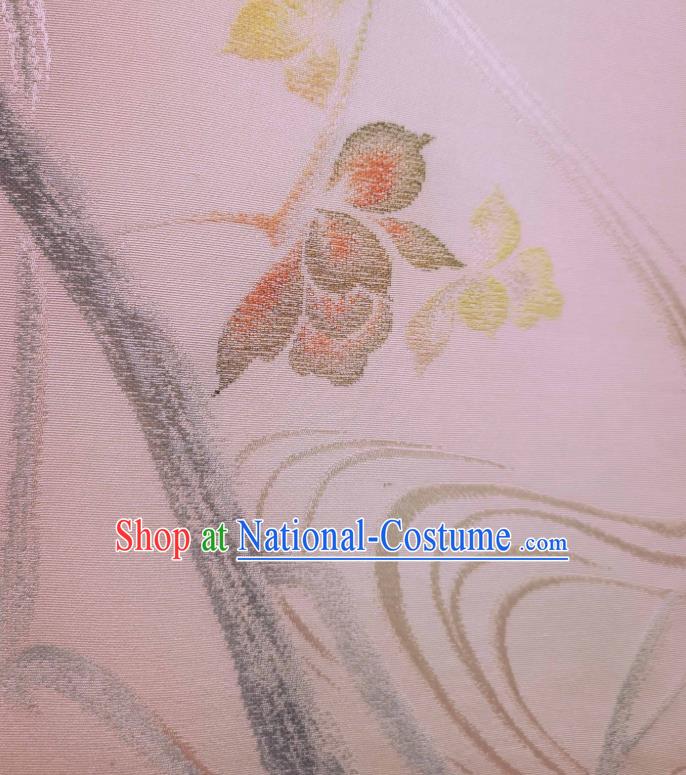 Asian Japanese Yukata Pink Silk Fabric Japan Traditional Kimono Ink Painting Flower Brocade Material