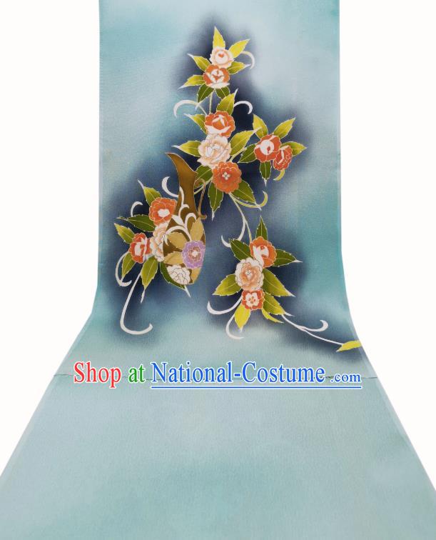 Japan Traditional Silk Fabric Kimono Blue Brocade Material Asian Japanese Yukata Hand Painting Camellia Tapestry