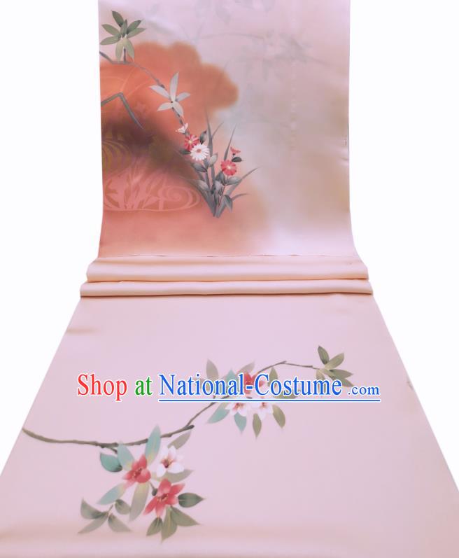 Asian Japan Traditional Hand Painting Pink Silk Fabric Brocade Material Japanese Kimono Cloth