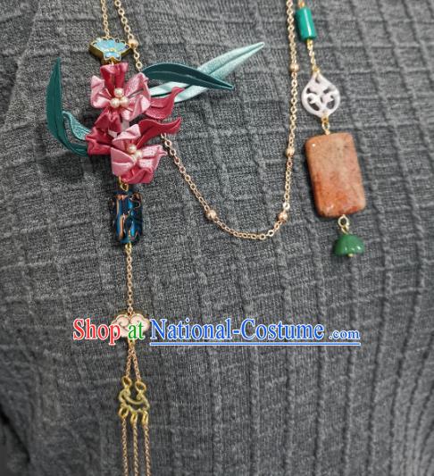 China Traditional Cheongsam Jade Brooch Accessories Handmade Pink Silk Orchids Lappet Pendant