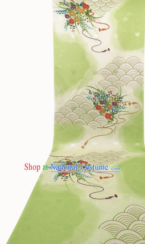 Asian Japan Classical Kimono Silk Fabric Traditional Japanese Printing Green Brocade Tapestry