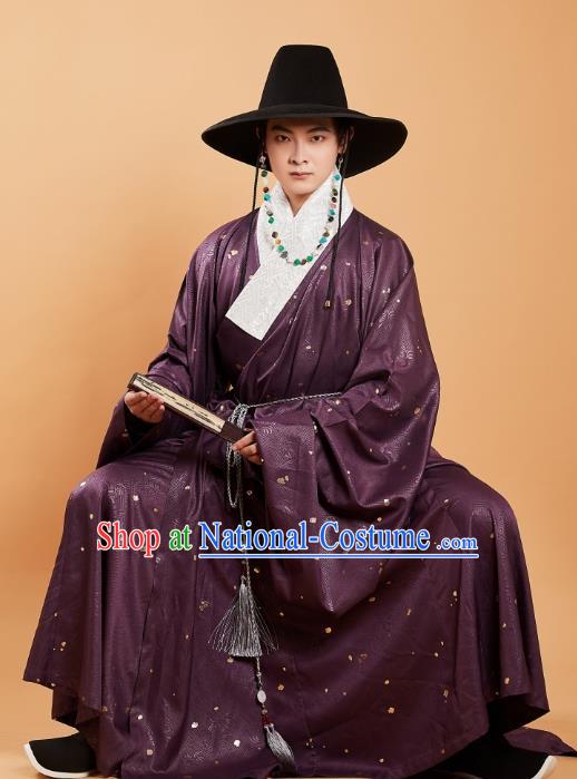 China Traditional Ming Dynasty Purple Priest Frock Ancient Swordsman Hanfu Clothing