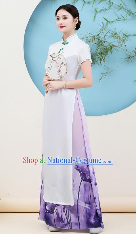 China Stage Performance Embroidery Flower Bird Cheongsam Catwalks Printing Lotus Purple Chiffon Qipao Dress Young Woman Clothing