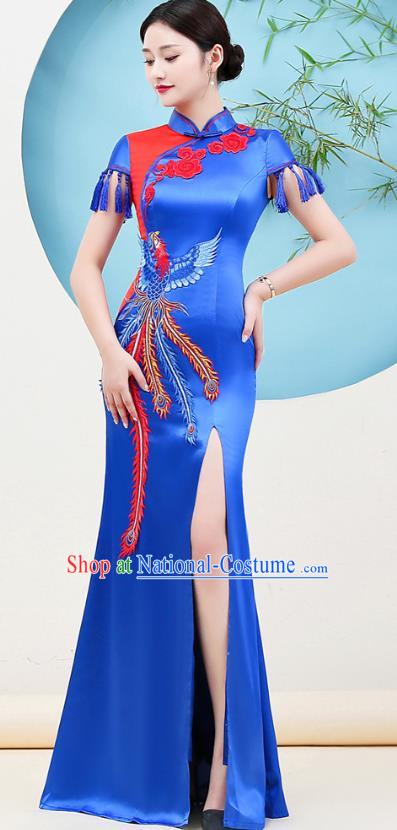 China Woman Umbrella Dance Royalblue Satin Qipao Dress Embroidery Phoenix Cheongsam Stage Show Clothing