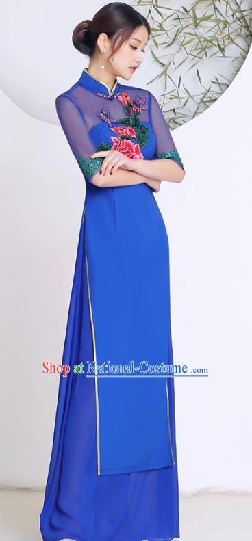 China Classical Aodai Qipao Dress Catwalks Show Embroidery Peony Royalblue Cheongsam Stage Performance Clothing