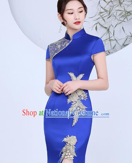 China Catwalks Show Cheongsam Stage Performance Evening Dress Clothing Classical Royalblue Satin Qipao