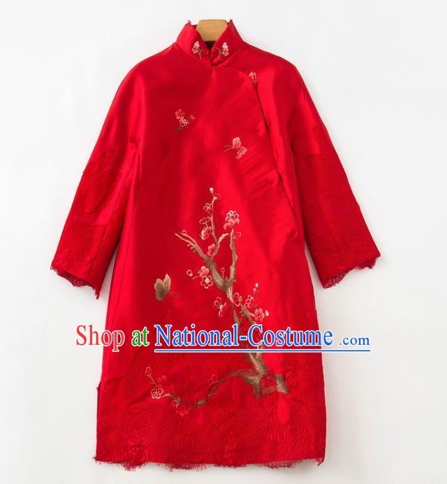 Chinese Traditional Women Cheongsam Clothing National Classical Embroidered Red Lace Qipao Dress