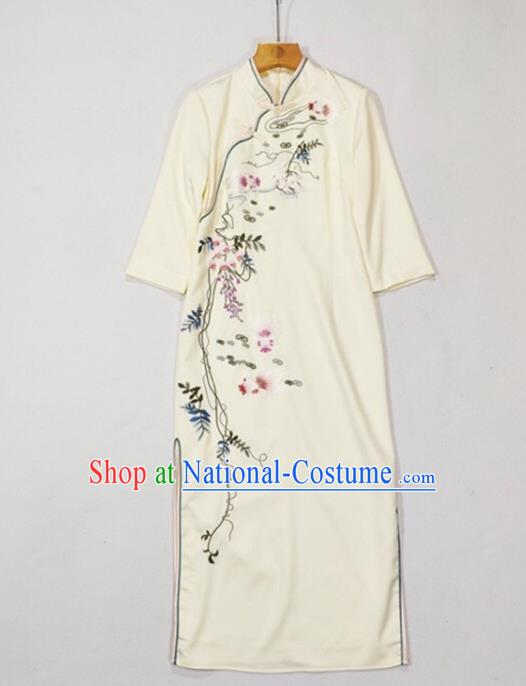 Chinese National Classical Embroidered Beige Qipao Dress Traditional Women Cheongsam Clothing