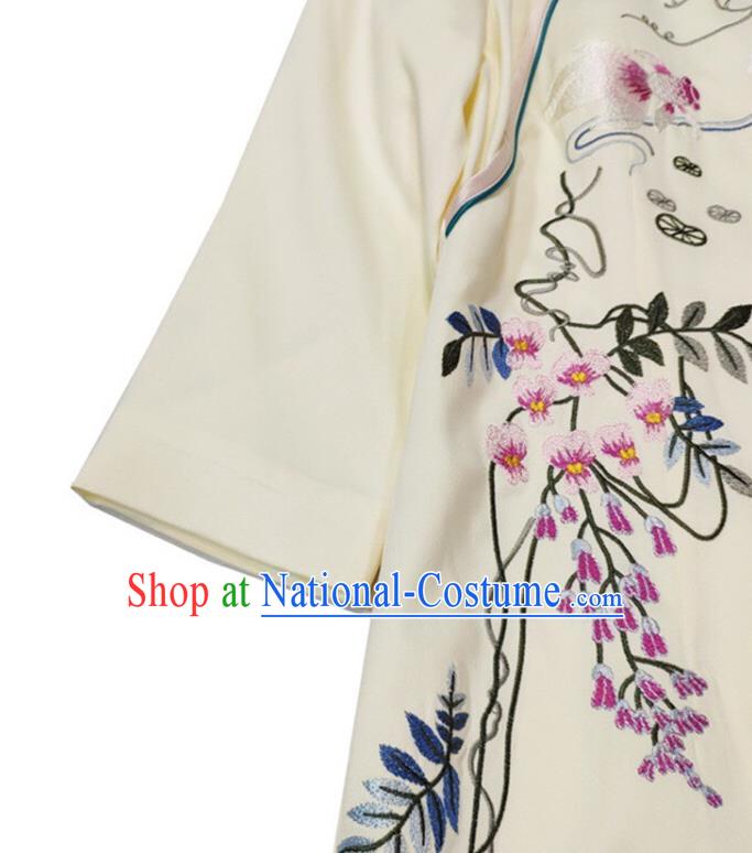 Chinese National Classical Embroidered Beige Qipao Dress Traditional Women Cheongsam Clothing