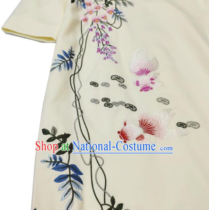 Chinese National Classical Embroidered Beige Qipao Dress Traditional Women Cheongsam Clothing