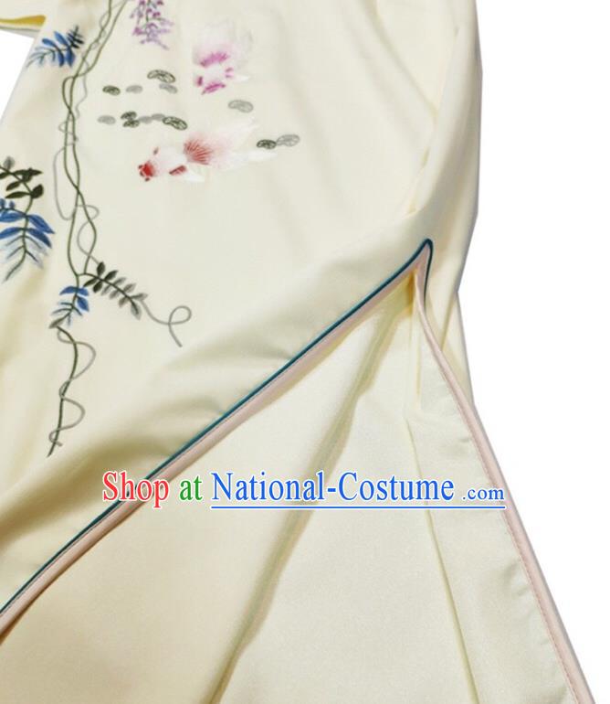 Chinese National Classical Embroidered Beige Qipao Dress Traditional Women Cheongsam Clothing