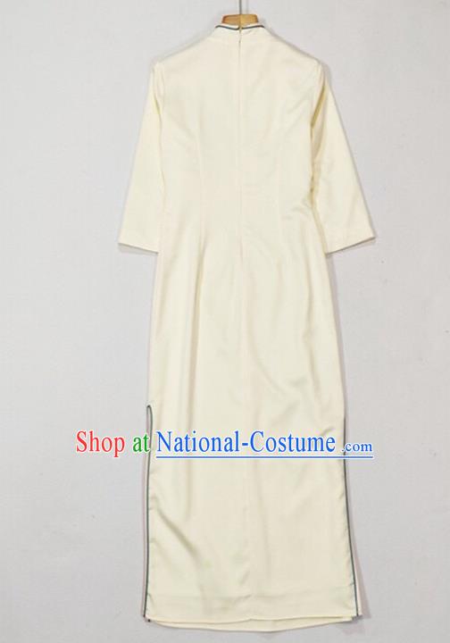 Chinese National Classical Embroidered Beige Qipao Dress Traditional Women Cheongsam Clothing