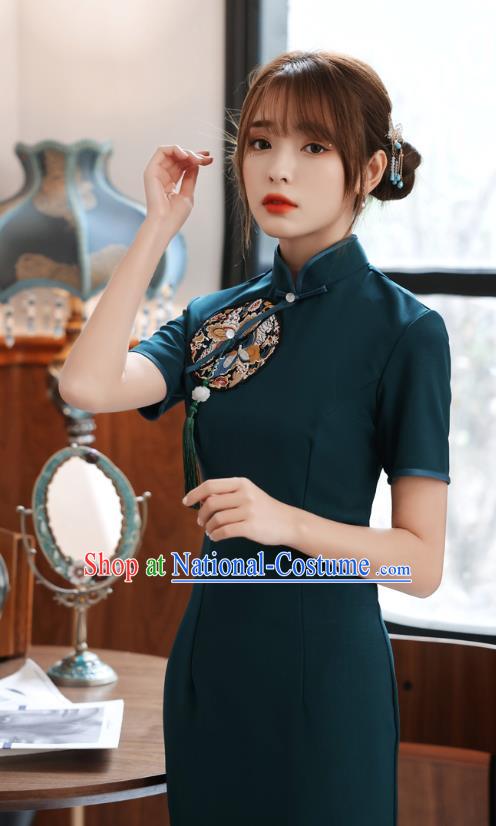 Chinese Traditional Retro Short Cheongsam Classical Peacock Green Qipao Dress