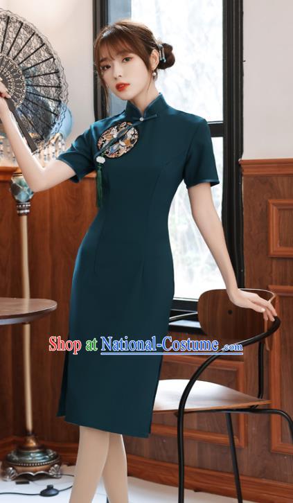 Chinese Traditional Retro Short Cheongsam Classical Peacock Green Qipao Dress