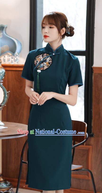 Chinese Traditional Retro Short Cheongsam Classical Peacock Green Qipao Dress