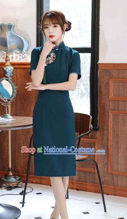 Chinese Traditional Retro Short Cheongsam Classical Peacock Green Qipao Dress