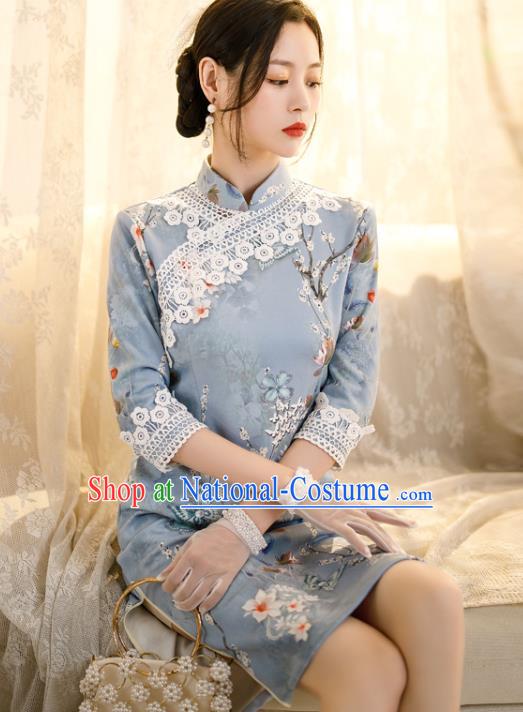 Chinese Classical Printing Flowers Blue Qipao Dress Traditional Shang Hai Cheongsam