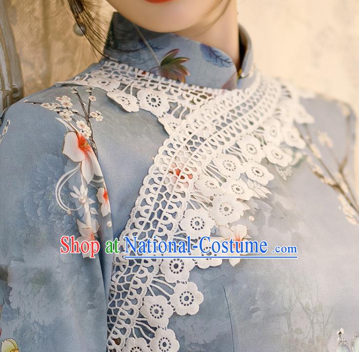 Chinese Classical Printing Flowers Blue Qipao Dress Traditional Shang Hai Cheongsam