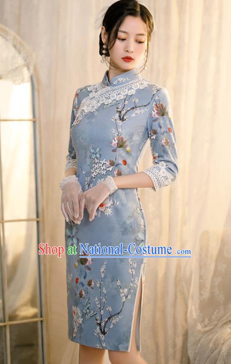 Chinese Classical Printing Flowers Blue Qipao Dress Traditional Shang Hai Cheongsam