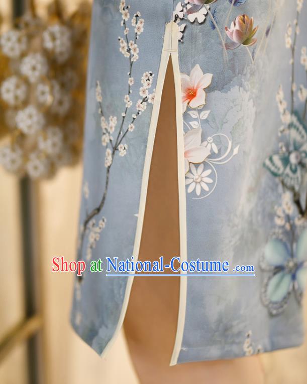 Chinese Classical Printing Flowers Blue Qipao Dress Traditional Shang Hai Cheongsam