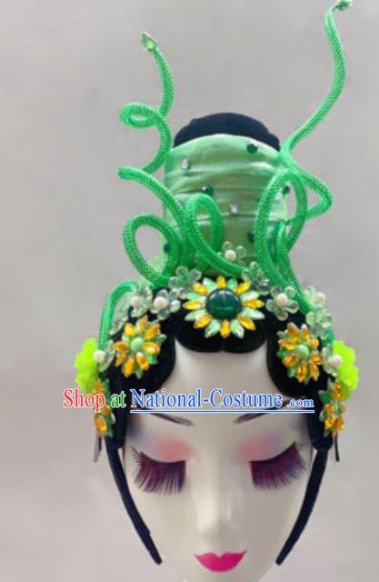 China Traditional Classical Dance Headdress Handmade Madam White Snake Xiaoqing Stage Performance Wigs Chignon