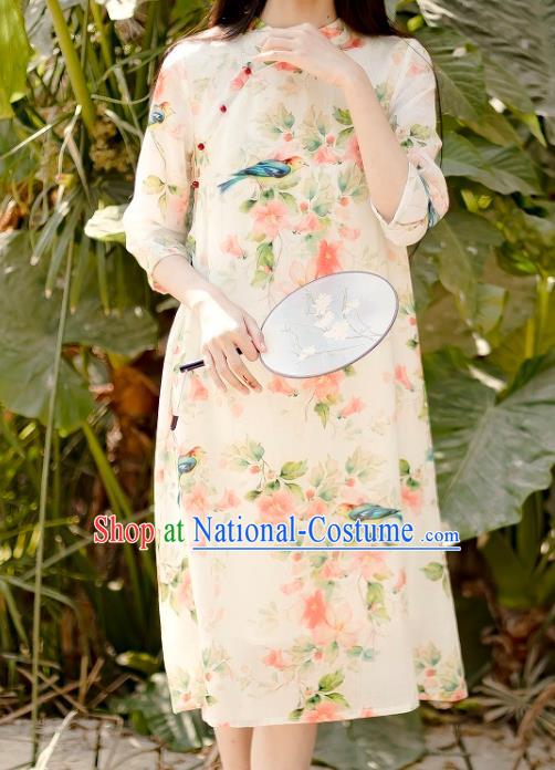 Chinese National Printing Flowers Bird Beige Ramine Qipao Dress Traditional Cheongsam Clothing