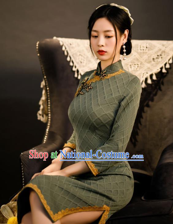 Chinese Traditional Stage Performance Knitted Green Cheongsam Classical Dance Qipao Dress