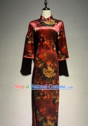 China Catwalks Stage Performance Costume Mother Cheongsam Shanghai Dark Red Silk Qipao Dress