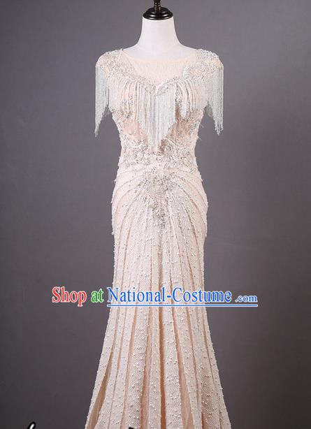 Top Grade Compere Champagne Tassel Full Dress Catwalks Stage Performance Costume