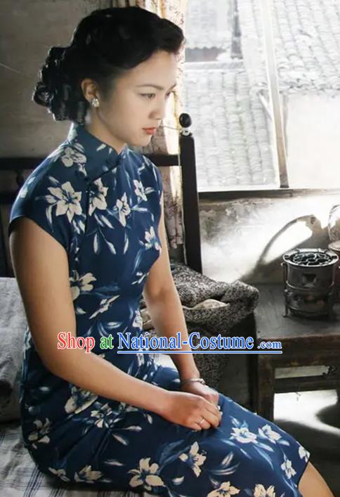 Republic of China Classical Printing Blue Chiffon Cheongsam Costume Traditional Film Lust or Love Tang Wei Qipao Dress