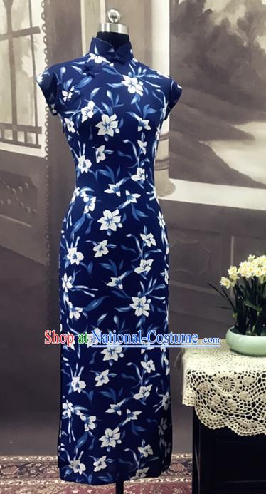 Republic of China Classical Printing Blue Chiffon Cheongsam Costume Traditional Film Lust or Love Tang Wei Qipao Dress