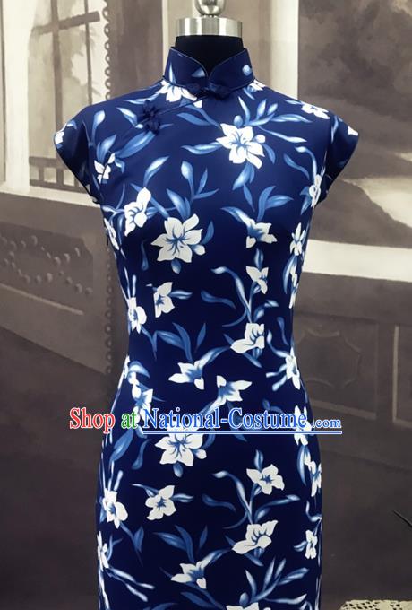 Republic of China Classical Printing Blue Chiffon Cheongsam Costume Traditional Film Lust or Love Tang Wei Qipao Dress