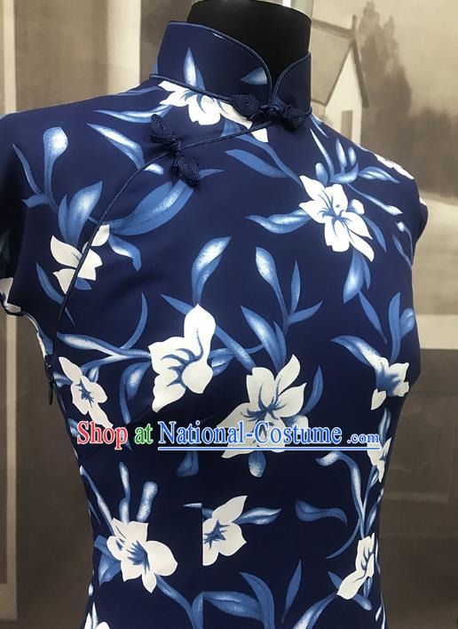 Republic of China Classical Printing Blue Chiffon Cheongsam Costume Traditional Film Lust or Love Tang Wei Qipao Dress