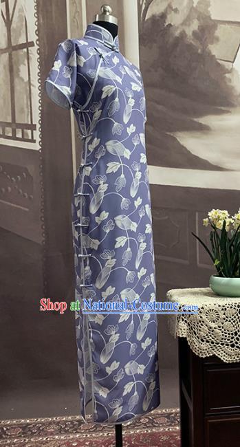 Chinese Classical Printing Purple Chiffon Cheongsam Traditional Stage Show Qipao Dress