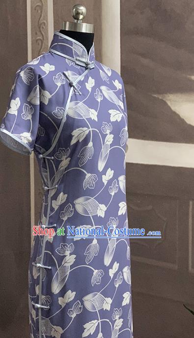 Chinese Classical Printing Purple Chiffon Cheongsam Traditional Stage Show Qipao Dress