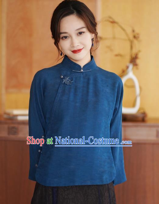 China National Blue Silk Shirt Traditional Jacquard Watered Gauze Blouse Top Garment