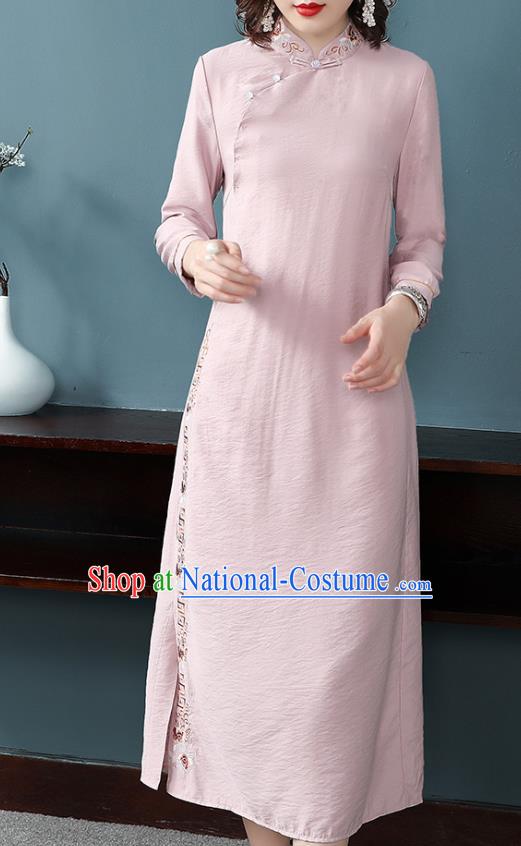 Chinese Traditional Woman Modern Qipao Dress Tang Suit Embroidered Pink Cheongsam Costume