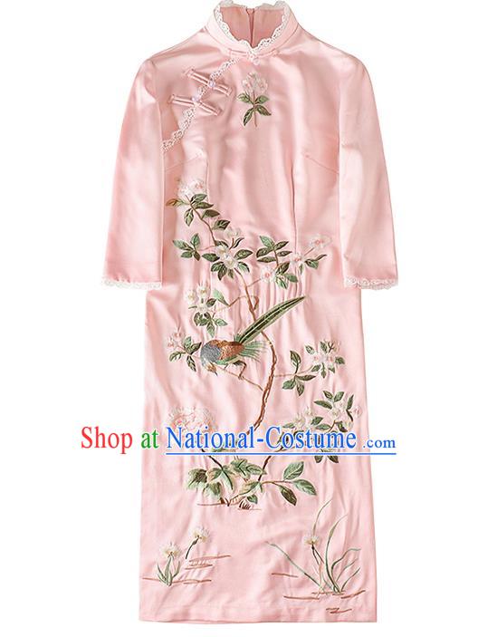 Chinese Embroidered Pink Satin Qipao Dress Traditional Tang Suit Cheongsam Costume