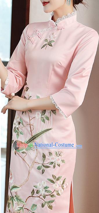 Chinese Embroidered Pink Satin Qipao Dress Traditional Tang Suit Cheongsam Costume