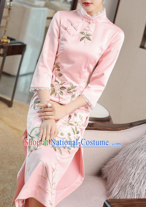 Chinese Embroidered Pink Satin Qipao Dress Traditional Tang Suit Cheongsam Costume