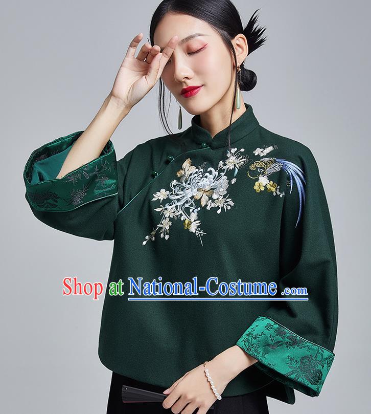 Chinese Traditional Tang Suit Embroidered Chrysanthemum Outer Garment National Atrovirens Woolen Cotton Wadded Jacket