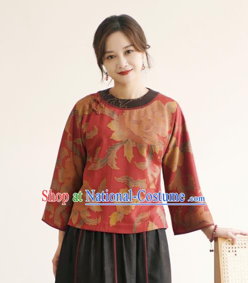 China Traditional Red Watered Gauze Upper Outer Garment Classical Cheongsam Shirt National Silk Shirt