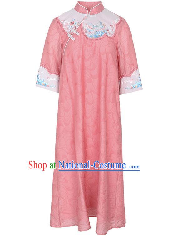 China Classical Embroidered Cheongsam Traditional Tang Suit Pink Tencel Qipao Dress