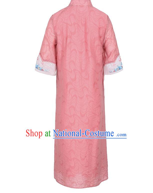 China Classical Embroidered Cheongsam Traditional Tang Suit Pink Tencel Qipao Dress