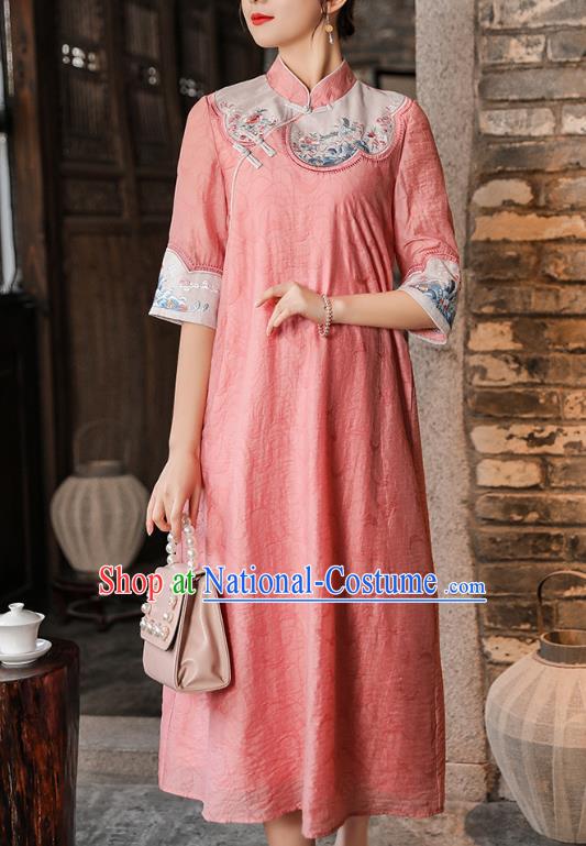 China Classical Embroidered Cheongsam Traditional Tang Suit Pink Tencel Qipao Dress